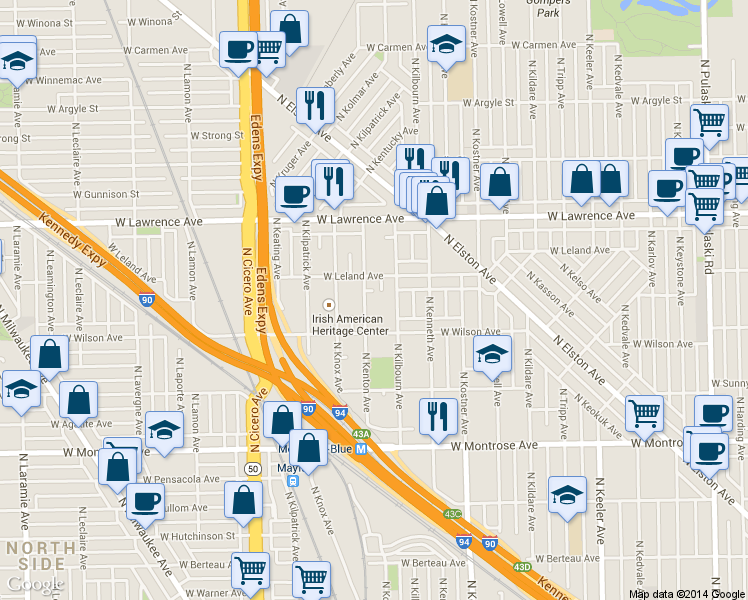map of restaurants, bars, coffee shops, grocery stores, and more near 4635 North Kenton Avenue in Chicago