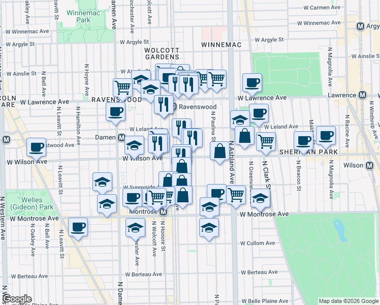 map of restaurants, bars, coffee shops, grocery stores, and more near 4606 North Hermitage Avenue in Chicago