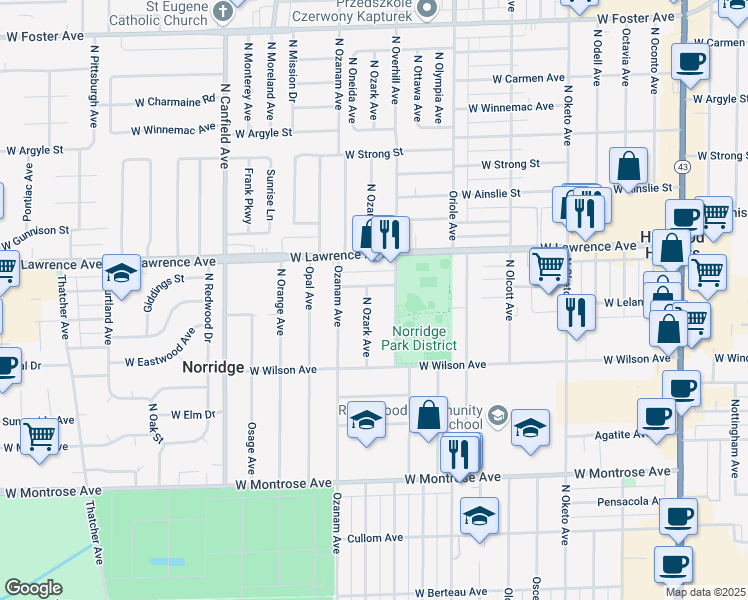 map of restaurants, bars, coffee shops, grocery stores, and more near 4713 North Ozark Avenue in Norridge