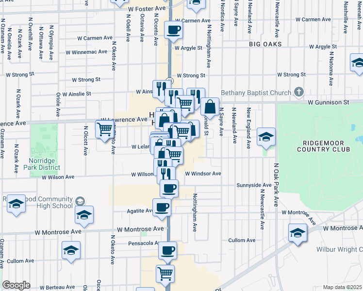 map of restaurants, bars, coffee shops, grocery stores, and more near 4703 North Harlem Avenue in Harwood Heights