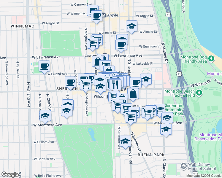 map of restaurants, bars, coffee shops, grocery stores, and more near 1054 West Wilson Avenue in Chicago