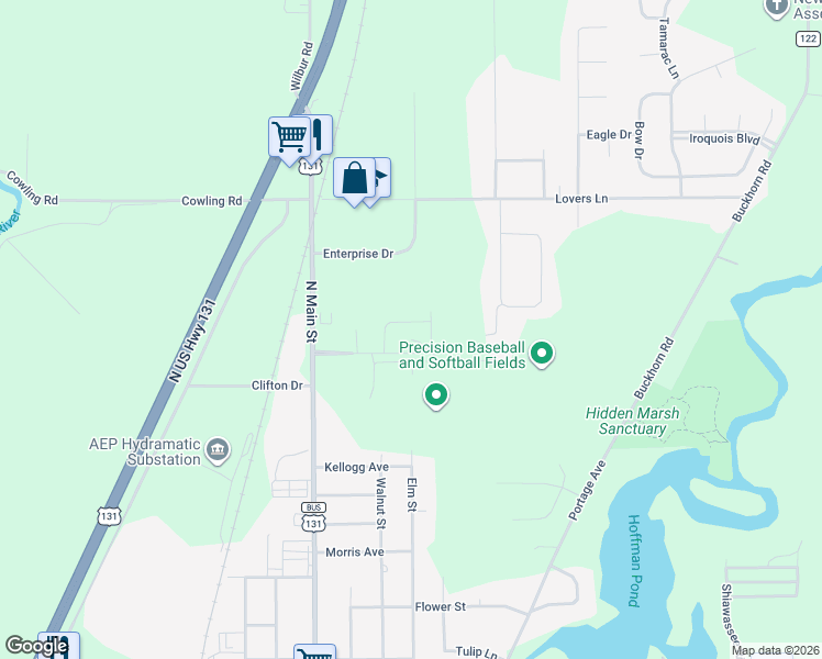 map of restaurants, bars, coffee shops, grocery stores, and more near 600 Bush Boulevard in Three Rivers