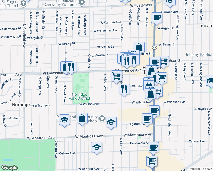 map of restaurants, bars, coffee shops, grocery stores, and more near 4701 Olcott Avenue in Harwood Heights