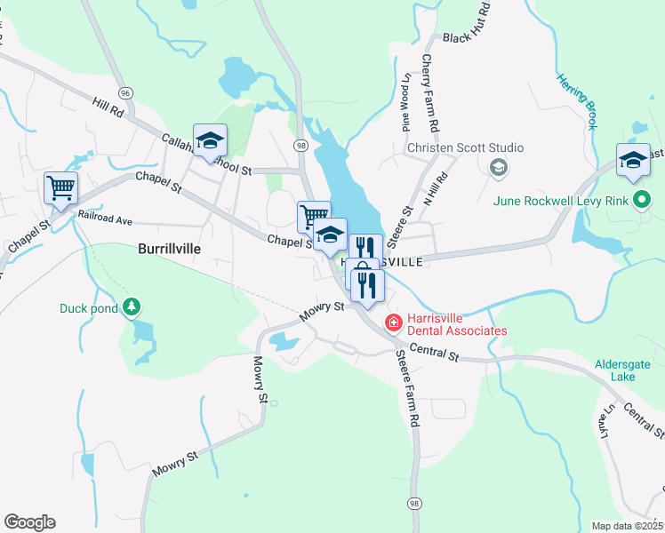 map of restaurants, bars, coffee shops, grocery stores, and more near 135 Harrisville Main Street in Burrillville