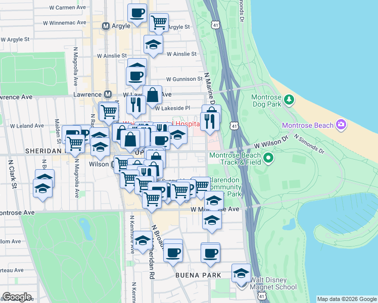 map of restaurants, bars, coffee shops, grocery stores, and more near 826 West Wilson Avenue in Chicago