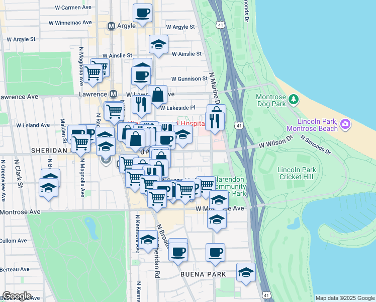 map of restaurants, bars, coffee shops, grocery stores, and more near 906 West Wilson Avenue in Chicago