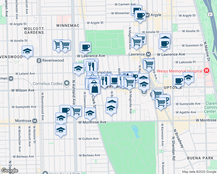 map of restaurants, bars, coffee shops, grocery stores, and more near 1352 West Wilson Avenue in Chicago