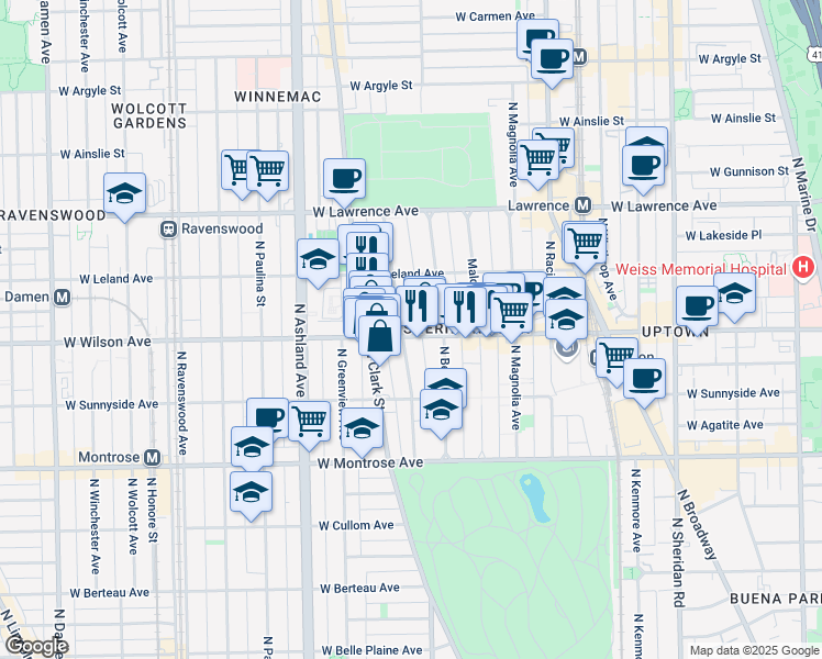 map of restaurants, bars, coffee shops, grocery stores, and more near 1352 West Wilson Avenue in Chicago