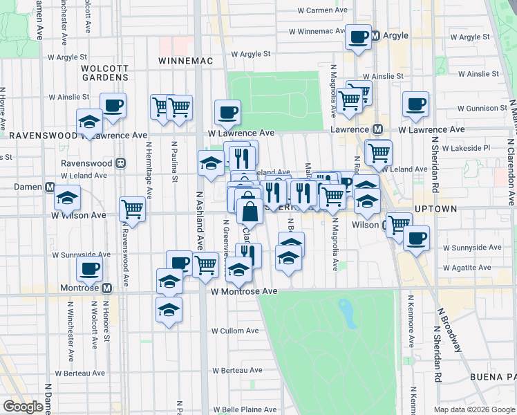 map of restaurants, bars, coffee shops, grocery stores, and more near 1414 West Wilson Avenue in Chicago