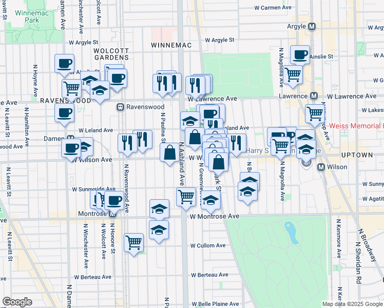 map of restaurants, bars, coffee shops, grocery stores, and more near 1532 West Wilson Avenue in Chicago
