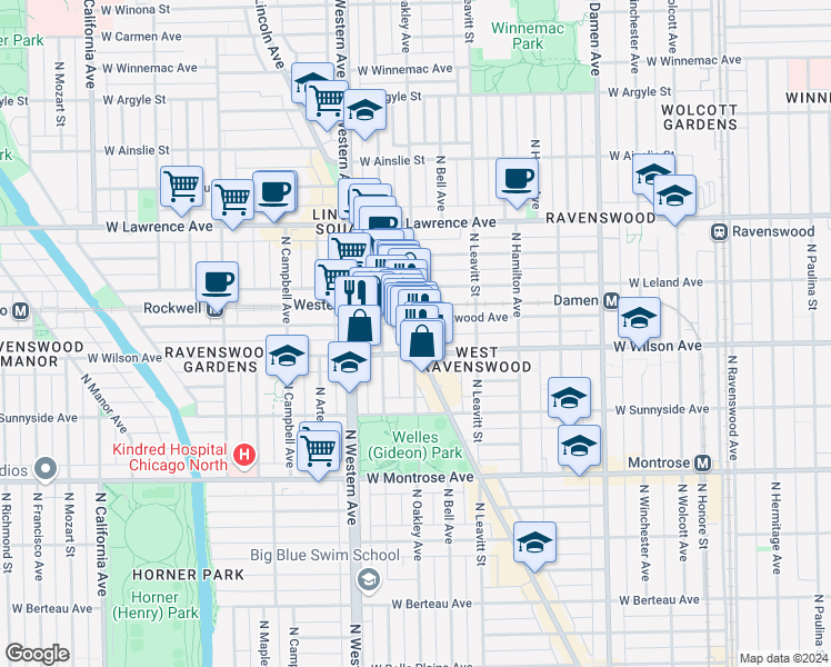 map of restaurants, bars, coffee shops, grocery stores, and more near 4628 North Lincoln Avenue in Chicago
