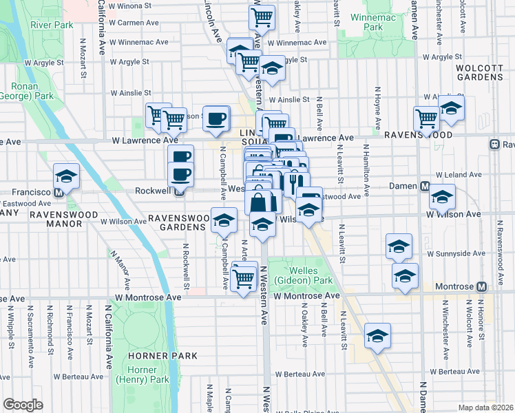 map of restaurants, bars, coffee shops, grocery stores, and more near in Chicago