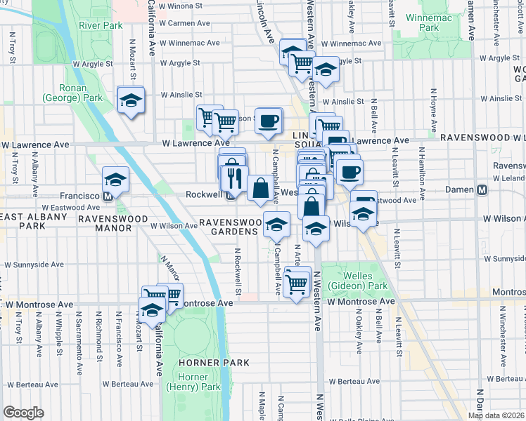 map of restaurants, bars, coffee shops, grocery stores, and more near 2501 West Eastwood Avenue in Chicago