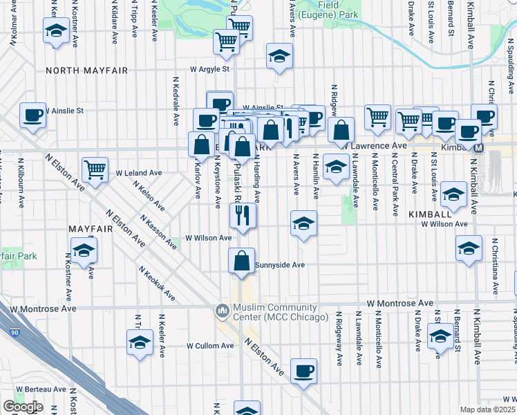 map of restaurants, bars, coffee shops, grocery stores, and more near 4628 North Springfield Avenue in Chicago