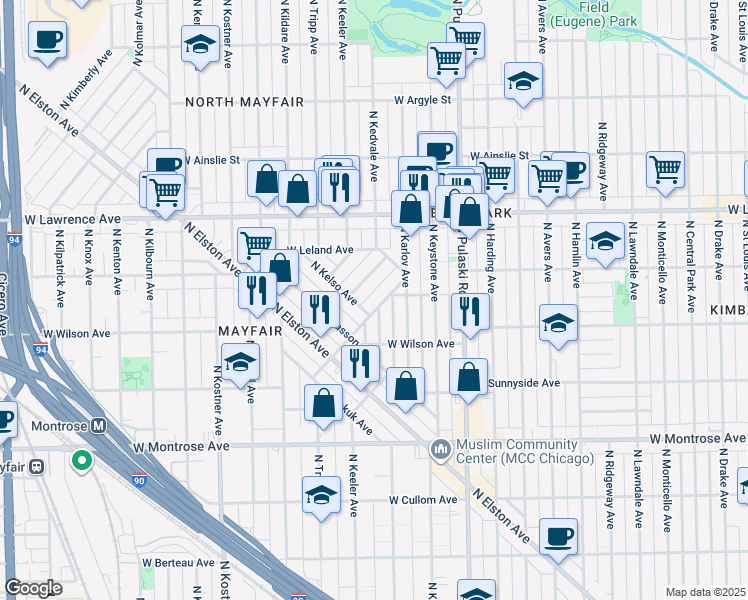 map of restaurants, bars, coffee shops, grocery stores, and more near 4642 North Kennicott Avenue in Chicago