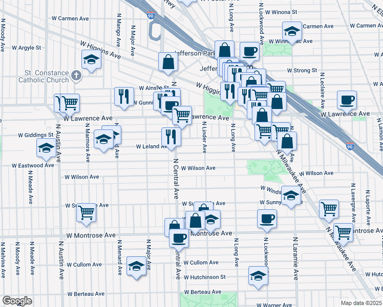 map of restaurants, bars, coffee shops, grocery stores, and more near 5536 West Leland Avenue in Chicago
