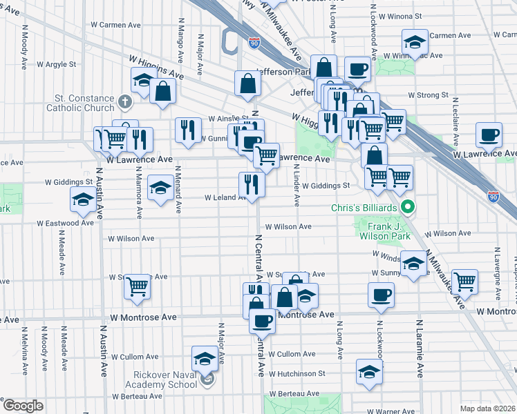 map of restaurants, bars, coffee shops, grocery stores, and more near 4700 North Central Avenue in Chicago