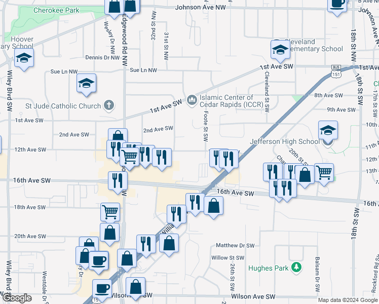 map of restaurants, bars, coffee shops, grocery stores, and more near 2811 12th Avenue Southwest in Cedar Rapids