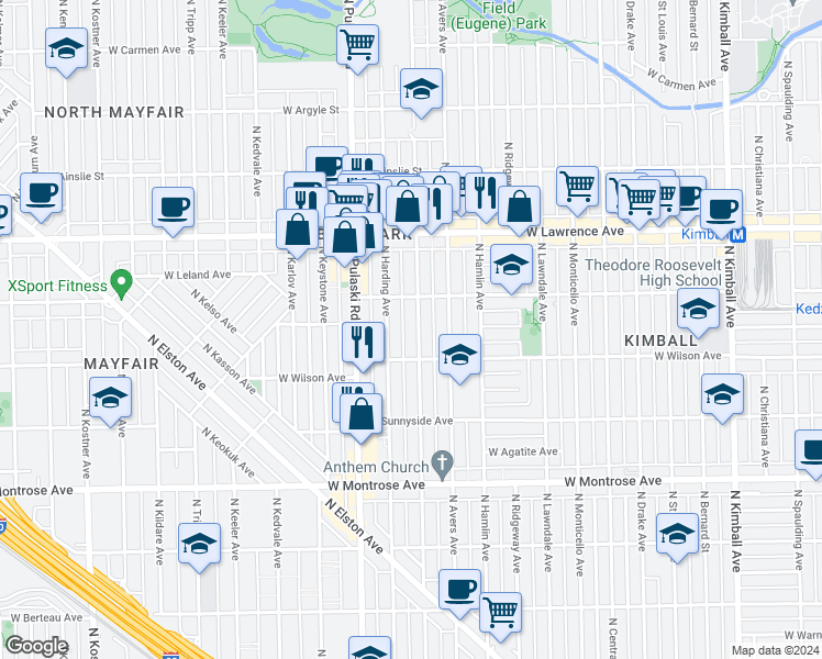 map of restaurants, bars, coffee shops, grocery stores, and more near 4628 North Springfield Avenue in Chicago