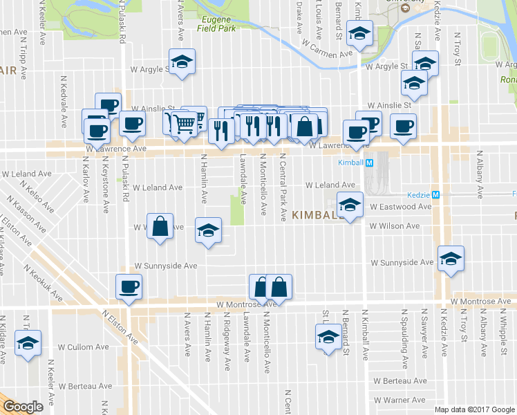 map of restaurants, bars, coffee shops, grocery stores, and more near 4624 North Monticello Avenue in Chicago