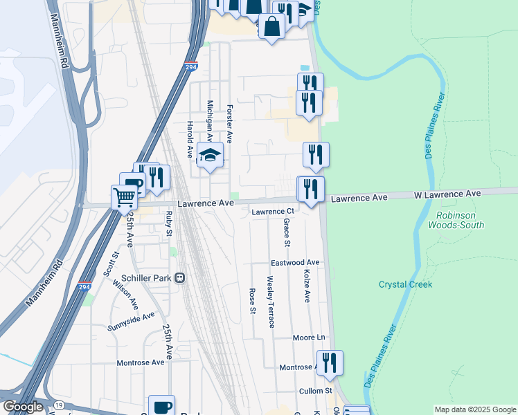 map of restaurants, bars, coffee shops, grocery stores, and more near 9514 Lawrence Court in Schiller Park