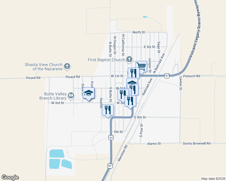 map of restaurants, bars, coffee shops, grocery stores, and more near 200-260 South Butte Street in Dorris
