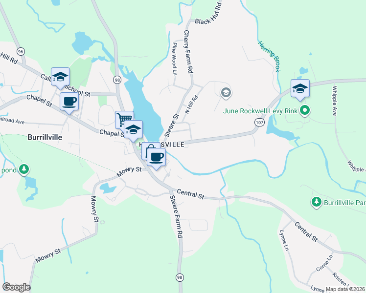 map of restaurants, bars, coffee shops, grocery stores, and more near 97 East Avenue in Burrillville