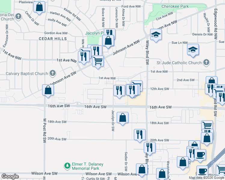 map of restaurants, bars, coffee shops, grocery stores, and more near 630-788 Jacolyn Drive Southwest in Cedar Rapids