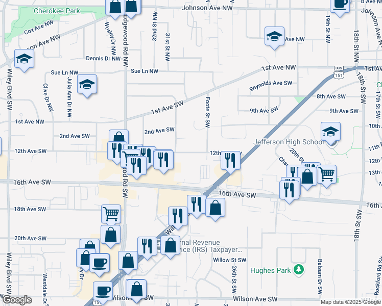 map of restaurants, bars, coffee shops, grocery stores, and more near 2811 12th Avenue Southwest in Cedar Rapids