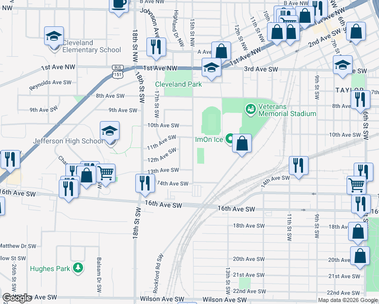 map of restaurants, bars, coffee shops, grocery stores, and more near 1200 15th Street Southwest in Cedar Rapids