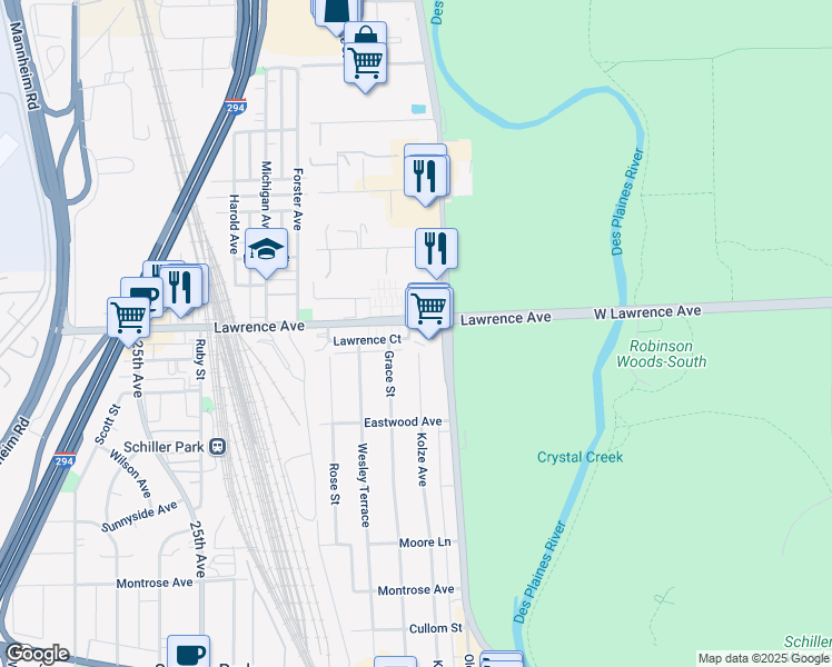 map of restaurants, bars, coffee shops, grocery stores, and more near 4741 Kolze Avenue in Schiller Park