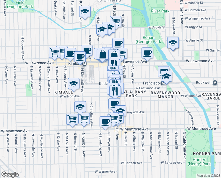 map of restaurants, bars, coffee shops, grocery stores, and more near 3225 West Eastwood Avenue in Chicago