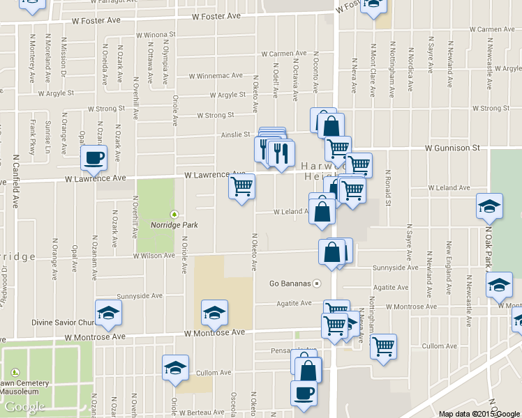 map of restaurants, bars, coffee shops, grocery stores, and more near 4701 North Oketo Avenue in Harwood Heights