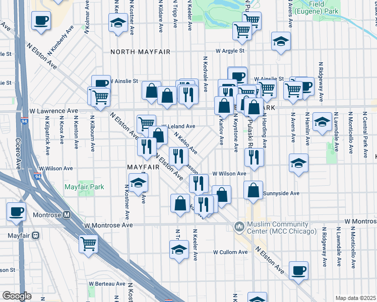map of restaurants, bars, coffee shops, grocery stores, and more near 4634 North Kelso Avenue in Chicago
