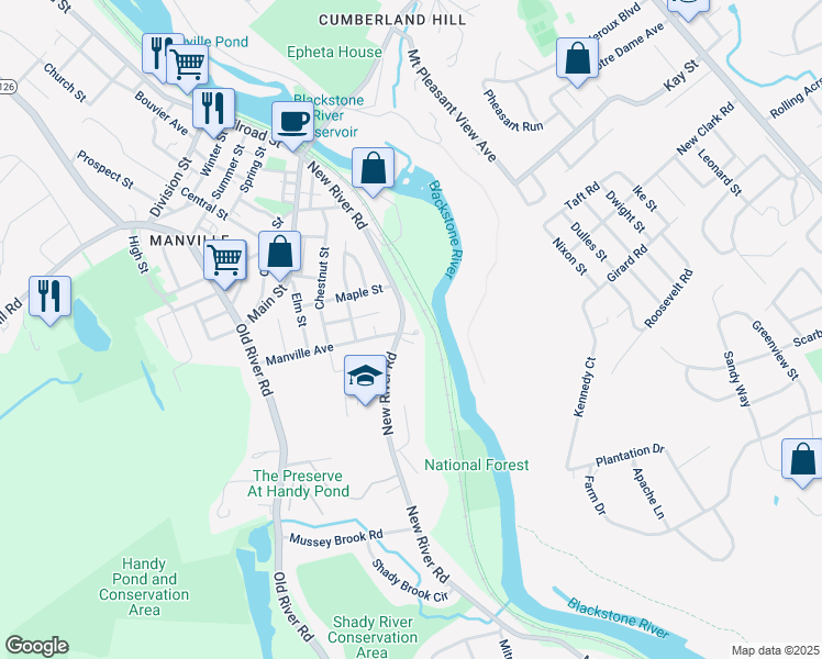 map of restaurants, bars, coffee shops, grocery stores, and more near 258 New River Road in Lincoln