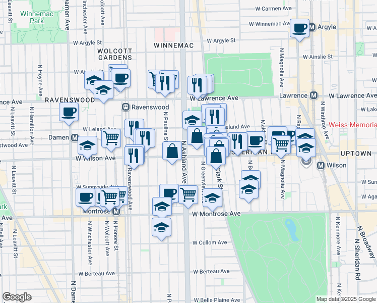 map of restaurants, bars, coffee shops, grocery stores, and more near 1532 West Wilson Avenue in Chicago