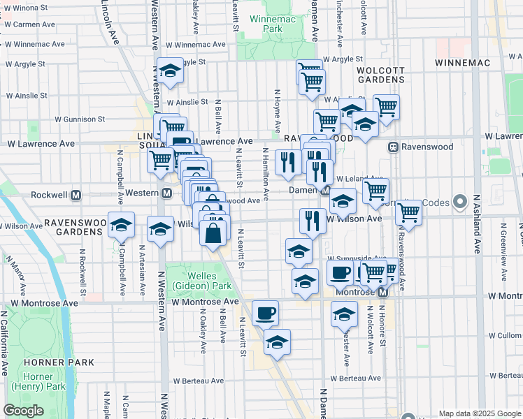 map of restaurants, bars, coffee shops, grocery stores, and more near 2149 West Eastwood Avenue in Chicago