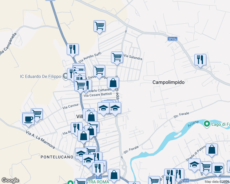 map of restaurants, bars, coffee shops, grocery stores, and more near 82A Via Cesare Battisti in Villanova