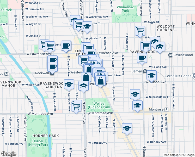 map of restaurants, bars, coffee shops, grocery stores, and more near 4624 North Lincoln Avenue in Chicago
