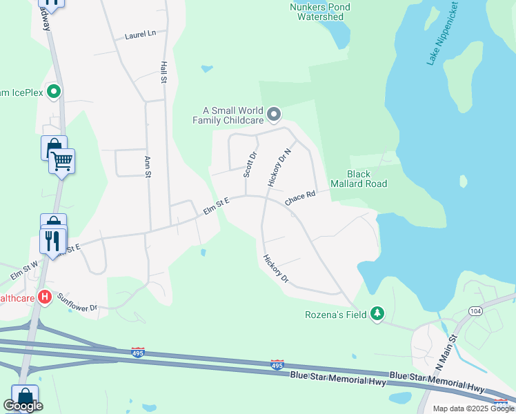 map of restaurants, bars, coffee shops, grocery stores, and more near 377 Elm Street East in Raynham