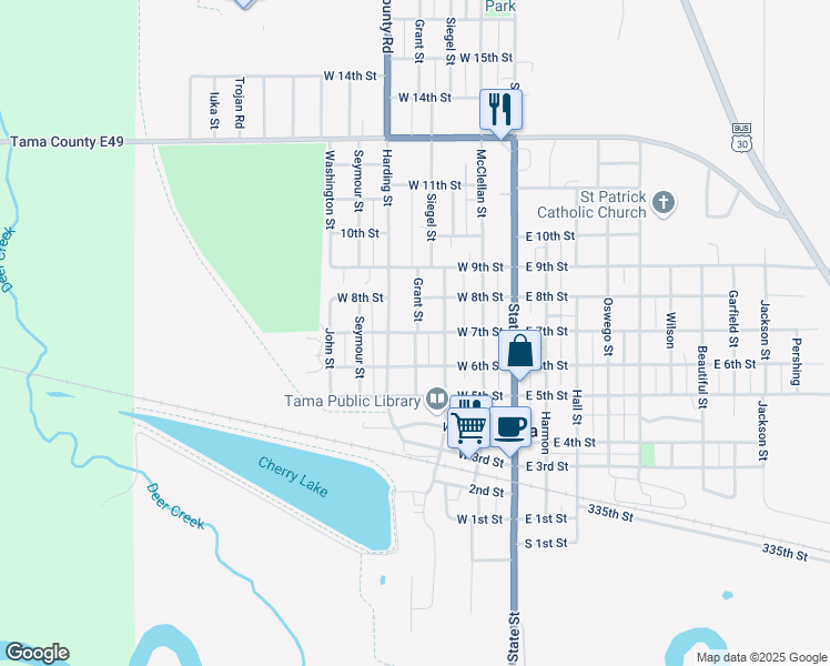 map of restaurants, bars, coffee shops, grocery stores, and more near 400 West 7th Street in Tama