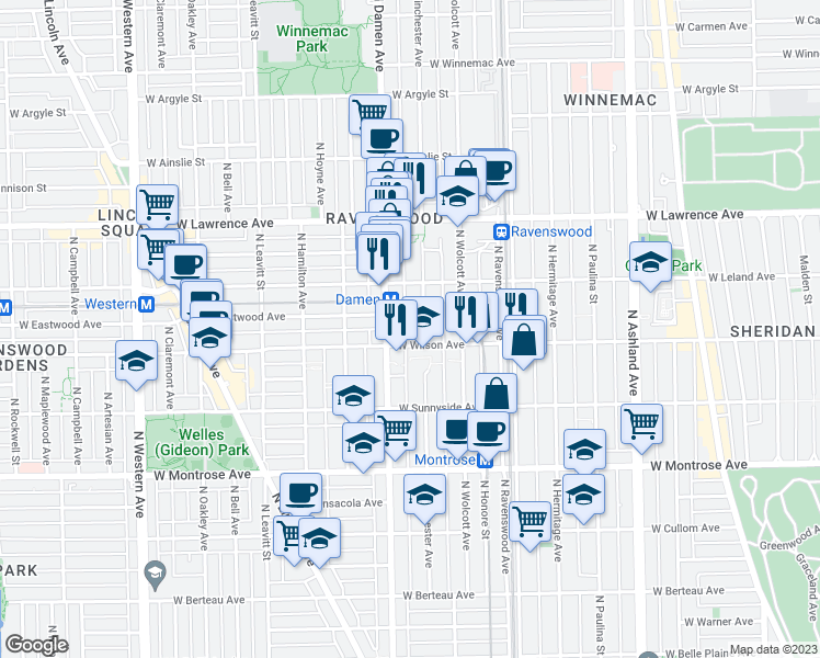 map of restaurants, bars, coffee shops, grocery stores, and more near 1950 West Wilson Avenue in Chicago