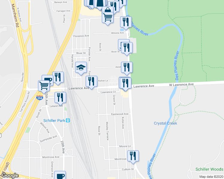 map of restaurants, bars, coffee shops, grocery stores, and more near 9440 Lawrence Court in Schiller Park