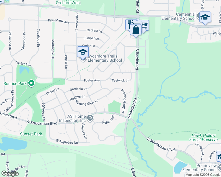 map of restaurants, bars, coffee shops, grocery stores, and more near 654 Heather Lane in Bartlett