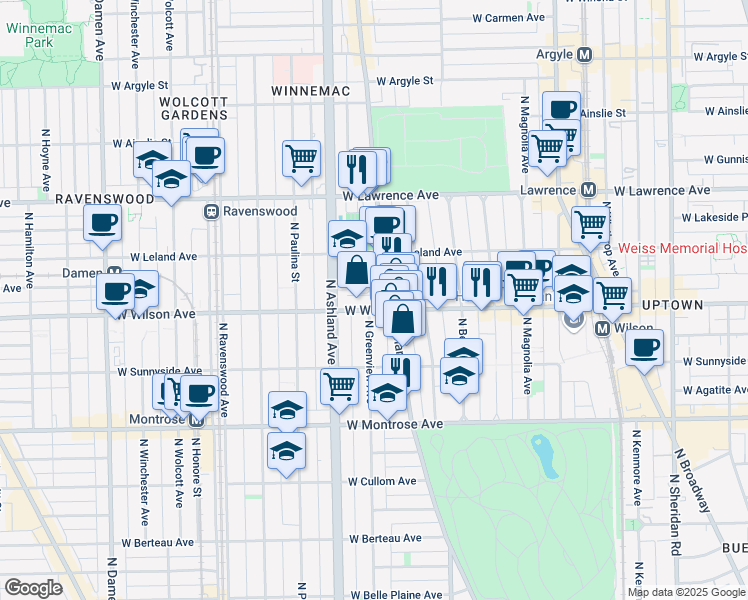 map of restaurants, bars, coffee shops, grocery stores, and more near 1456 West Wilson Avenue in Chicago