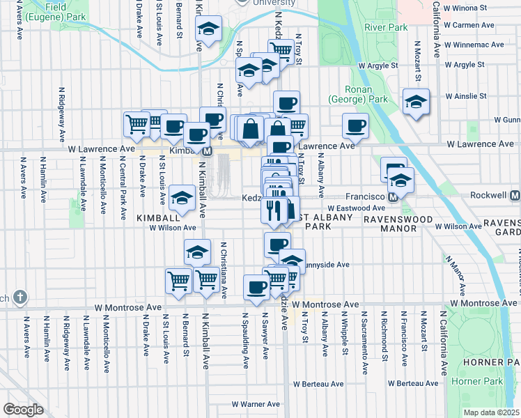 map of restaurants, bars, coffee shops, grocery stores, and more near 3225 West Eastwood Avenue in Chicago