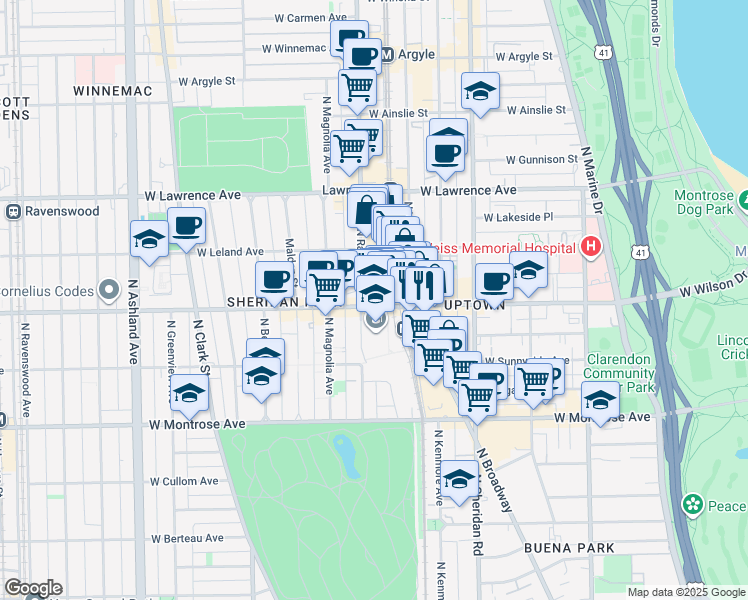 map of restaurants, bars, coffee shops, grocery stores, and more near 1136 West Wilson Avenue in Chicago