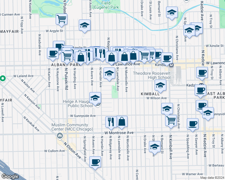 map of restaurants, bars, coffee shops, grocery stores, and more near 4656 North Lawndale Avenue in Chicago