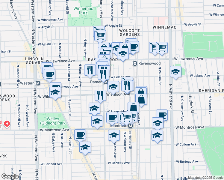 map of restaurants, bars, coffee shops, grocery stores, and more near 4600 North Winchester Avenue in Chicago