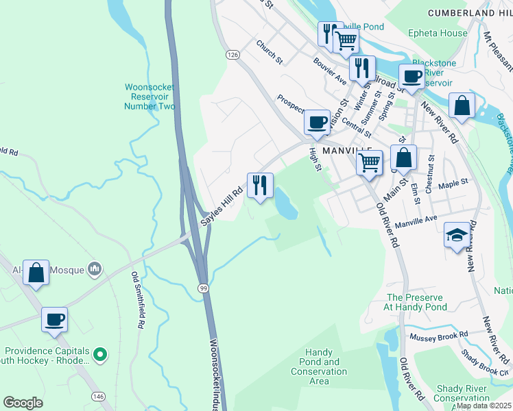 map of restaurants, bars, coffee shops, grocery stores, and more near 30 Sayles Hill Road in Lincoln
